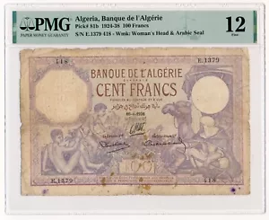 ALGERIA banknote 100 Francs 1936 PMG F 12 Fine - Picture 1 of 7