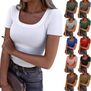 UK Women's RIBBED Short Sleeve Stretch Tops T-Shirts U Neck Slim Fit Summer Tee - Picture 1 of 25