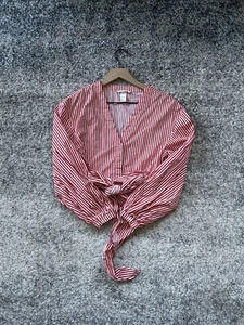 H&M Women’s Red Striped Long Sleeve Tie Crop Blouse Size 2 - Picture 1 of 7
