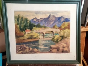 WA State Native Signed Olive P. Bristol(Mrs Carl)Framed Watrcolr"The Bridge" LH - Picture 1 of 5