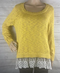 Mossimo Sweater Large Yellow White Lace Ruffle Hem Open Knit Casual Lightweight - Picture 1 of 12