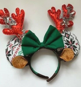 Minnie Mouse Ears Reindeer Solid Holiday Sustainable Handmade Headband Green/Red - Picture 1 of 5