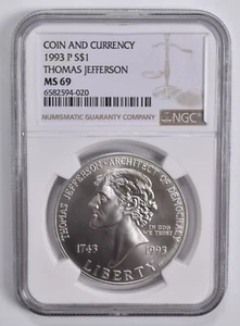 MS69 1993-P Jefferson Commem. Silver Dollar Coin & Currency NGC Brown Lbl - Picture 1 of 5