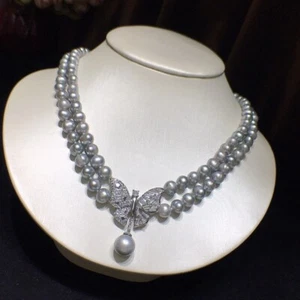 double  strands   natural south sea gray   pearl necklace - Picture 1 of 1