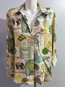 Jane Delancey Women Large Top Shirt Linen Blend Blouse Cream Travel Print New NW - Picture 1 of 7