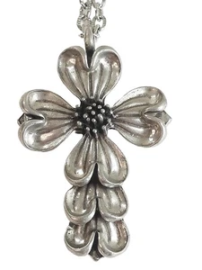 Vtg Marcel USA Dogwood Flower Cross Pendant Pewter On Silver Tone Chain - Picture 1 of 7