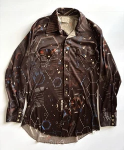 H Bar C Pearl Snap Shirt 16 Brown Psychedelic Print Shiny Long Sleeve Knit 70s - Picture 1 of 6