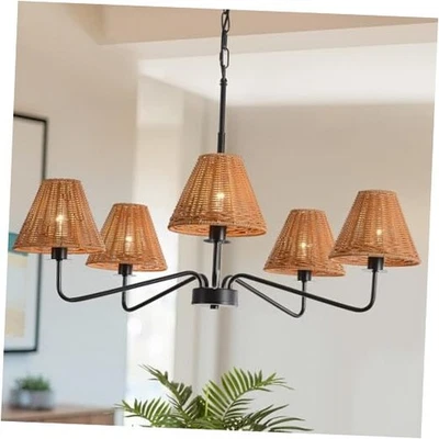 Lámpara de araña de ratán de 5 luces 29" moderna araña de granja para comedor 29" roja Foto 1 de 4