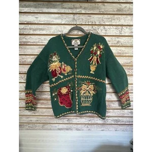 Vintage Ugly Christmas Sweater Cardigan by Tiara Women's size Large Embellished  - Picture 1 of 12