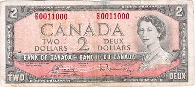 1954 CANADA $2 ~ BC-38c ~ аккуратный двоичный серийный номер #0011000 ~ редкая на них - Изображение 1 из 2