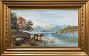 Pintura al óleo de paisaje de agujero de ganado de las tierras altas escocesas montañosas de principios del siglo XX - Imagen 1 de 12