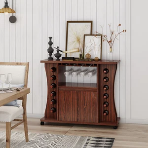 Rolling Wine Bar Cabinet Buffet Sideboard Liquor Storage Trolley with Wine Rack - Picture 1 of 12