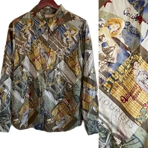 Kate Hill Blouse Top Shirt 100% Silk Novelty Print Natural Career  Sz L - Picture 1 of 9