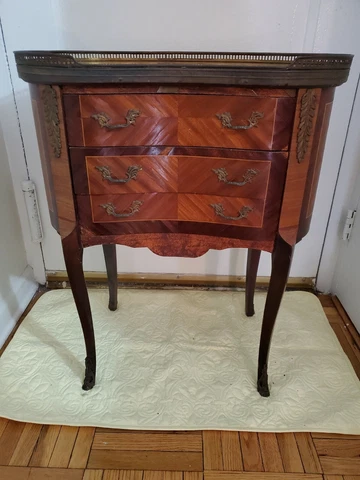 Antique Wood Table Brass Inset Marble Top, Bronze Trim - Made in Spain $150 Cover