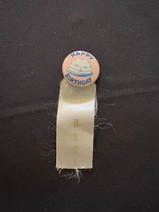 Vintage 1960's "Happy Birthday" Birthday Cake pinback button with ribbon - Picture 1 of 2
