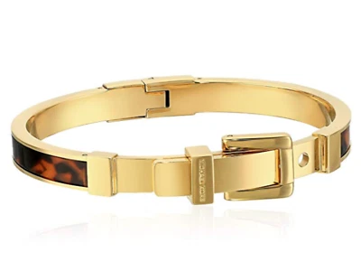 MICHAEL KORS Yellow Gold & Tortoise Acetate Hinge Belt Bangle Bracelet + MK BOX - Image 1 of 3