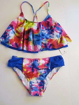 Body Glove Big Girl's 2 Pc Bikini Swimsuit Flouce Pink Blue Palm Tree 7/8/10/12 - Image 1 of 2