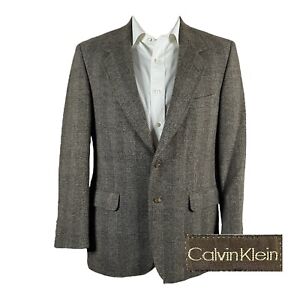 Vintage Calvin Klein Sport Coat Blazer Mens 40S Brown Plaid Tweed Wool