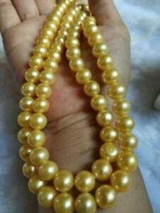 HUGE GENUINE AAAA 9-10MM NATURAL ROUND GOLD SOUTH SEA PEARLNECKLACE 35"14K GOLD