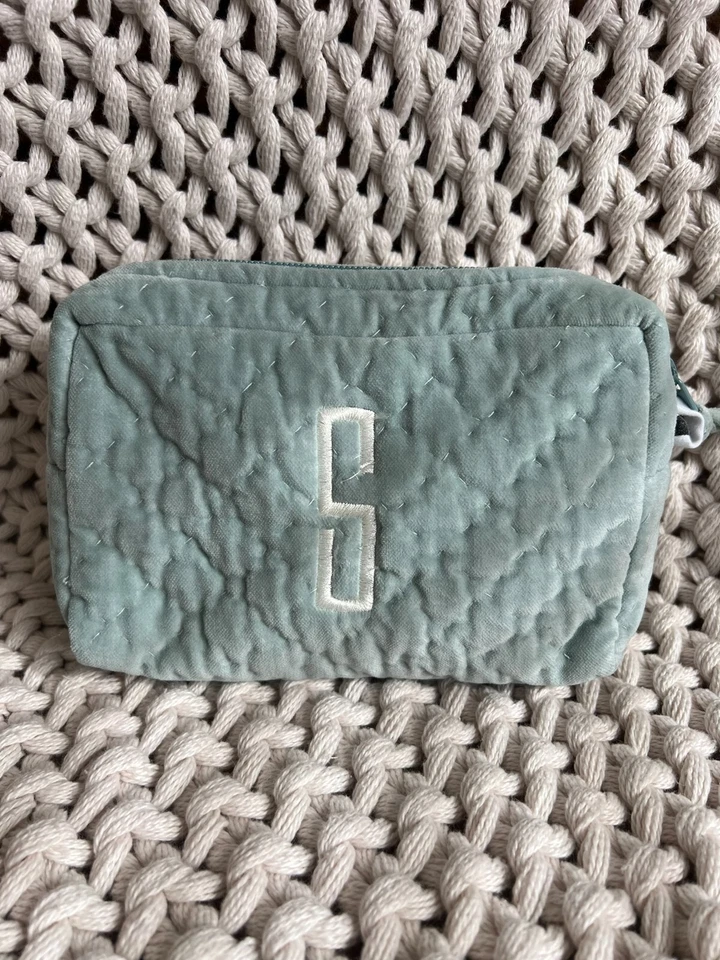 Pottery Barn косметический макияж сумка синий выстеганный бархат шелк с монограммой "S" - Изображение 1 из 1