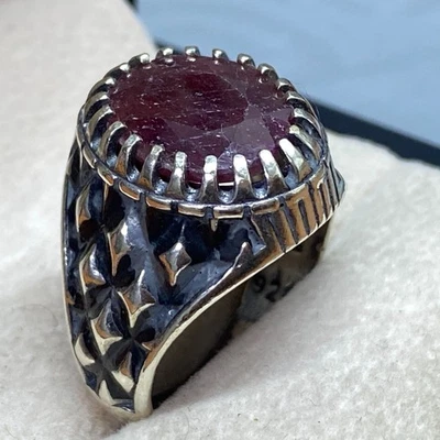 luxury 925 Silver Men's Ring natural red ruby yaqoot stone  خاتم ياقوت طبيعي - Image 1 of 4