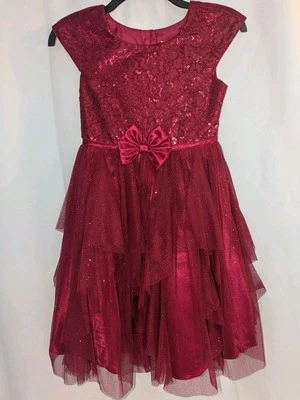Bonito Vestido Rojo Oscuro Lona Michelle Niñas Talla 10 Lentejuelas Brillo Capas Tul Foto 1 de 4
