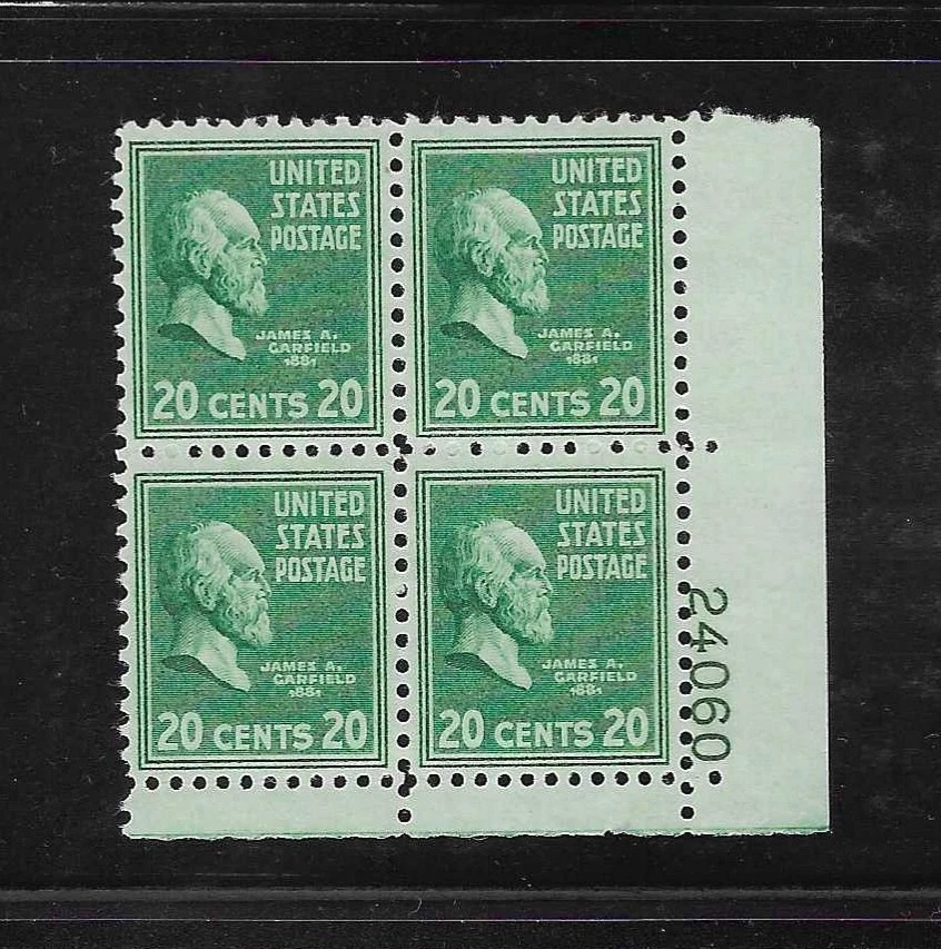 U.S. MNH 1938 TWENTY CENT GARFIELD PREXY PLATE BLOCK SCOTT 825 - Image 1 of 1