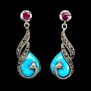 925 Sterling Silver Earrings Pear Turquoise Stabilized Ruby Gemstone Jewelry - Picture 1 of 13