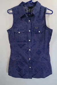Wrangler Retro Womens Blue Sleeveless Western Shirt Sz Small Cowgirl Snap Button - Picture 1 of 12