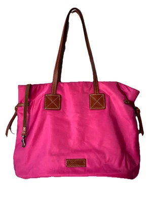 Bolso de Hombro De Colección Dooney & Bourke Bolso de Mano Rosa Caliente Nylon Cuero Tostado Borde Foto 1 de 4
