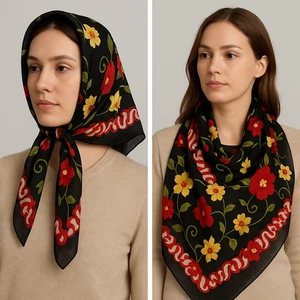 Murat Bahardali Black Floral Scarf Square 36x36 Red Yellow Sheer Lightweight - Picture 1 of 6