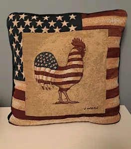 Vtg. J Wiens Patriotic Stars & Stripes Rooster Tapestry Throw Pillow 16 x 16 - Picture 1 of 4