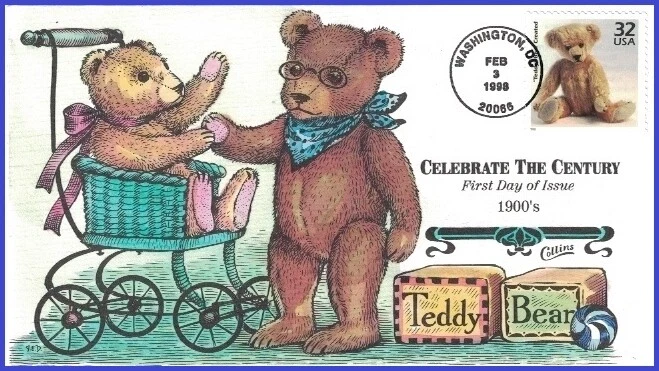 USA1 #3182k U/A COLLINS HAND PAINTED FDC   1900 Teddy Bear Created - Image 1 of 1