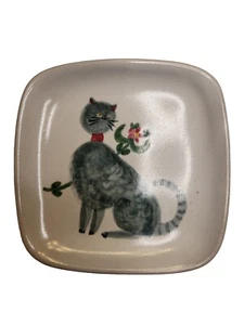 Glidden Mid Century Modern Pottery Plate Cat Kitty w/Pink Collar Flowers #35 - Picture 1 of 8