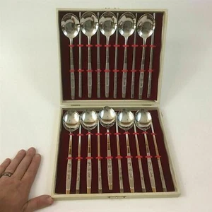 8" Asian Metal 10 Spoons & 10 Chopsticks in Red Lined Box - Picture 1 of 1