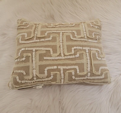 Kim Seybert Decortative Pillow 13 x 15 Tan White Sequin Embellished Cotton Zip - Image 1 of 4