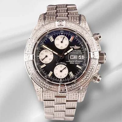 Breitling Superocean 42mm Quadrante Nero 6ct Iced Da Diamante Orologio da Uomo - Immagine 1 di 4