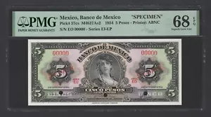 Mexico 5 Pesos 1954 P57cs Specimen Uncirculated Grade 68 Top Pop - Picture 1 of 2