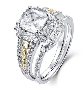 Juego de 2 anillos de compromiso de alianza de boda de plata esterlina y oro circonita cúbica talla 3-15 S76 - Imagen 1 de 8