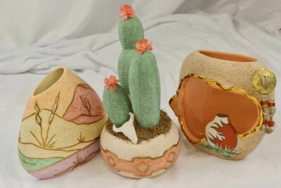 Rainbow Way 24 K. Gold Trimmed Southwestern Decor cactus vase and candle holder - Image 1 of 4