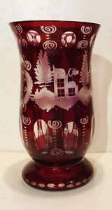 Egermann Vintage Ruby Red Cut To Clear Etched Glass Vase 5-3/4" Tall Labeled - Picture 1 of 6