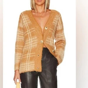 New Vince Brushed Plaid Cardigan in Tan Scotch Plaid Alpaca Wool Sz M L - Picture 1 of 12