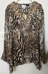 NWT Victor Costa Women’s 100% Silk Animal Print Brown Blouse Top Size 3X - Picture 1 of 5