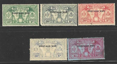 British New Hebrides 1925 Postage Due Set, J1-J5  Fair-Normal, Typical Centering - Image 1 of 2