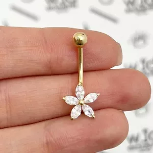 14K Echt Gold Weiß CZ Blume Bauchnabel Ring 1" - Bild 1 von 14
