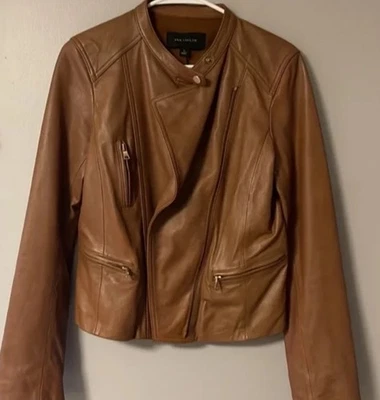 Chaqueta de Moto Ann Taylor Cuero Coñac Talla XS Cremallera Completa Forrada Bolsillos Motociclista Elegante Foto 1 de 4