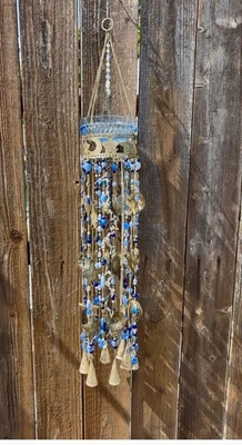 Carillón de viento azul celestial de vidrio y dorado cuenco vintage alimentador de baño para pájaros araña Foto 1 de 4