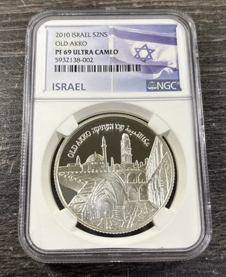 2010 Israel 2 New Sheqalim Silver Proof OLD AKKO NGC PF69 UCAM Item#201 - Image 1 of 4