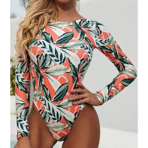 CPUTAN Damen Langarm Einteiler Blumendruck Rückenfrei Badeanzug - Large - Bild 1 von 3