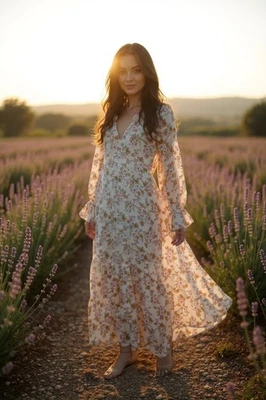 Maxi Vestido VICI Transparente Romántico Volantes Floral En Niveles Beige Rosa Floral Talla XS Foto 1 de 4